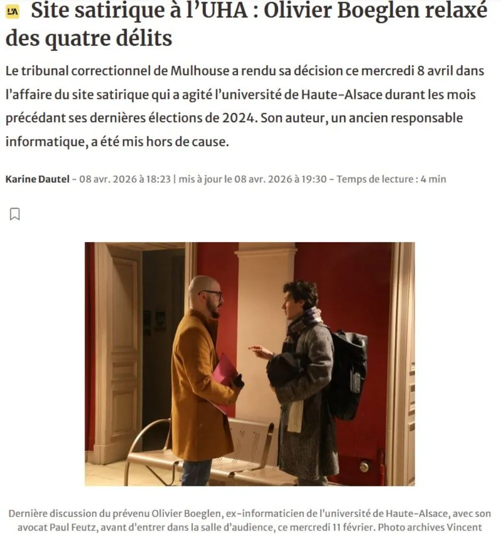 Relaxe dans l'affaire du site satirique de l'Université de Haute Alsace